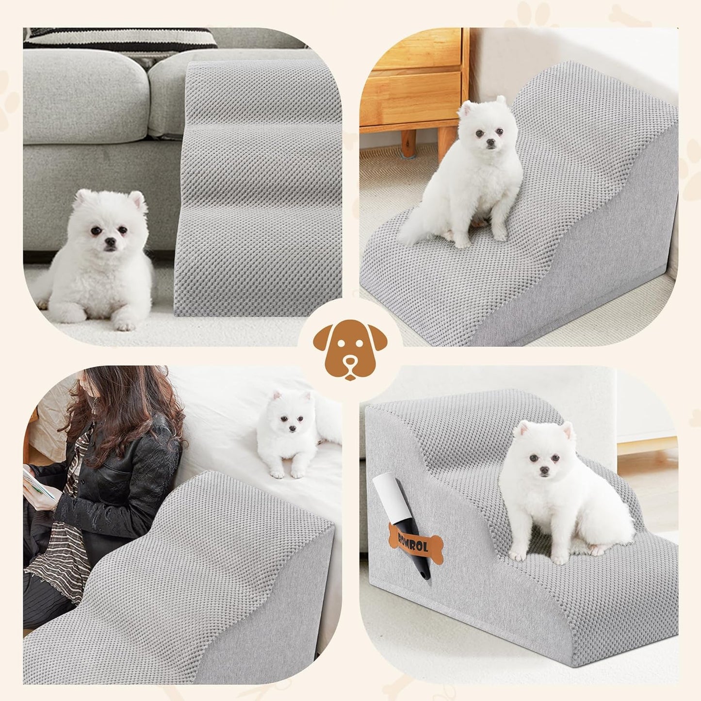 Romrol Dog Stairs Ramp for Beds Couches, Extra Wide Pet Steps with Durable Non-Slip Waterproof Fabric Cover, Dog Slope Stairs for Small Dogs and Cats or Pets Friendly, 3-Tiers, 13 Inch,Light Grey