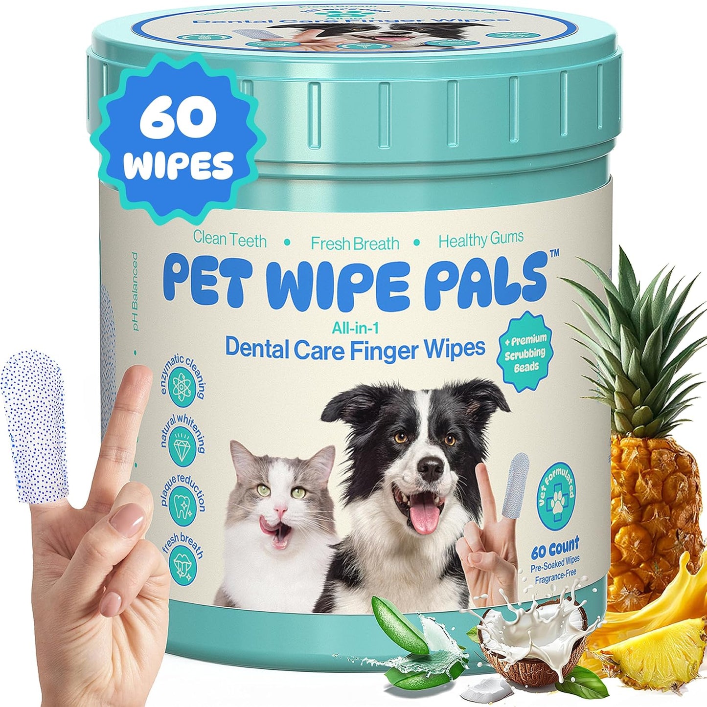 All-in-1 Dog Teeth Cleaning Wipes | Enzymatic Whitening + Micro Scrubbing Beads | No Mess, Pet Dental Wipes & Finger Tooth Brushing Kit | Plant-Based Dental Care for Cats & Dogs (60 Count)