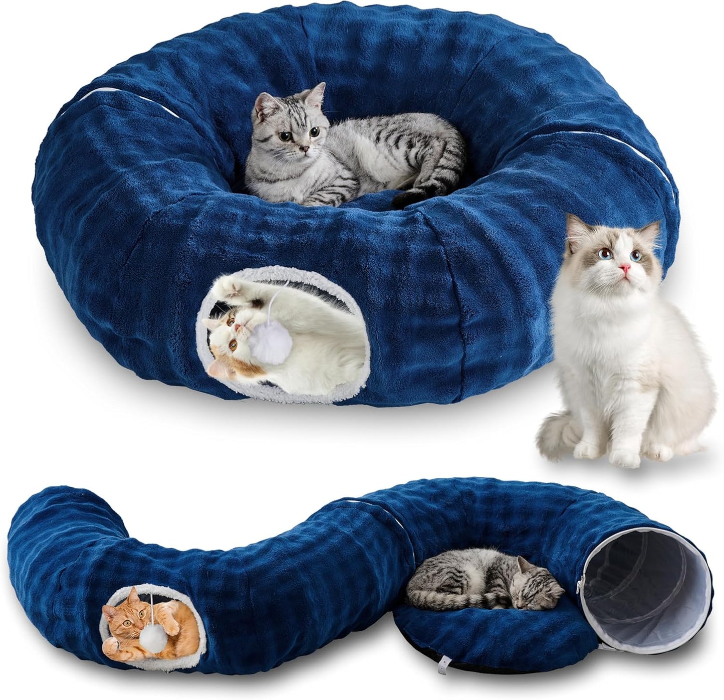Bubble Cat Tunnel for Indoor Cats, Round Peekaboo Cave Toy with Dangling Balls, Donut Tunnel Bed with Circle Mat for Puppy Kitten Rabbit, Navy Blue