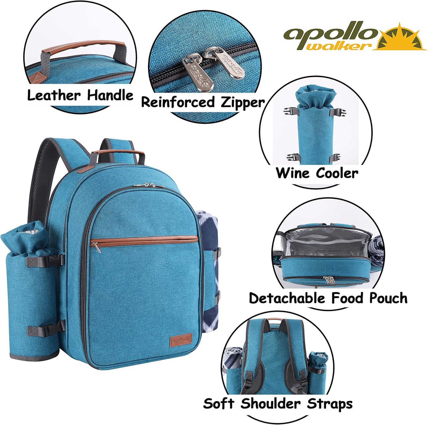 Apollo Walker Picnic Backpack Set for 2 Person with Cooler Compartment, Detachable Bottle/Wine Holder, Fleece Blanket, Plates and Cutlery Set (Teal)