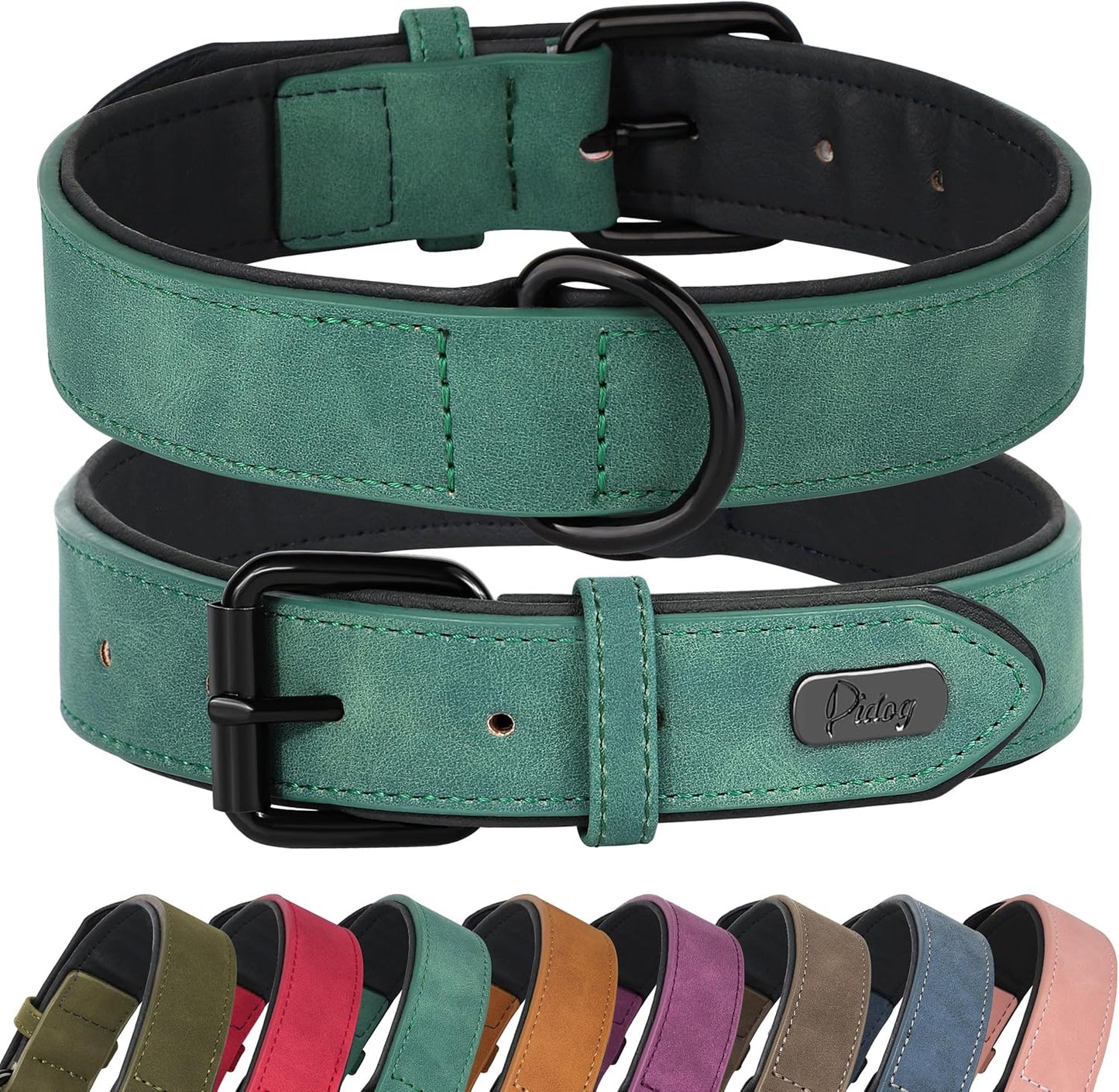 Didog Soft Padded Leather Dog Collar, Breathable Heavy Duty Dog Collar Leather with Adjustable Rust-Proof Metal Buckle for Small Medium Large Dogs, Green, XL