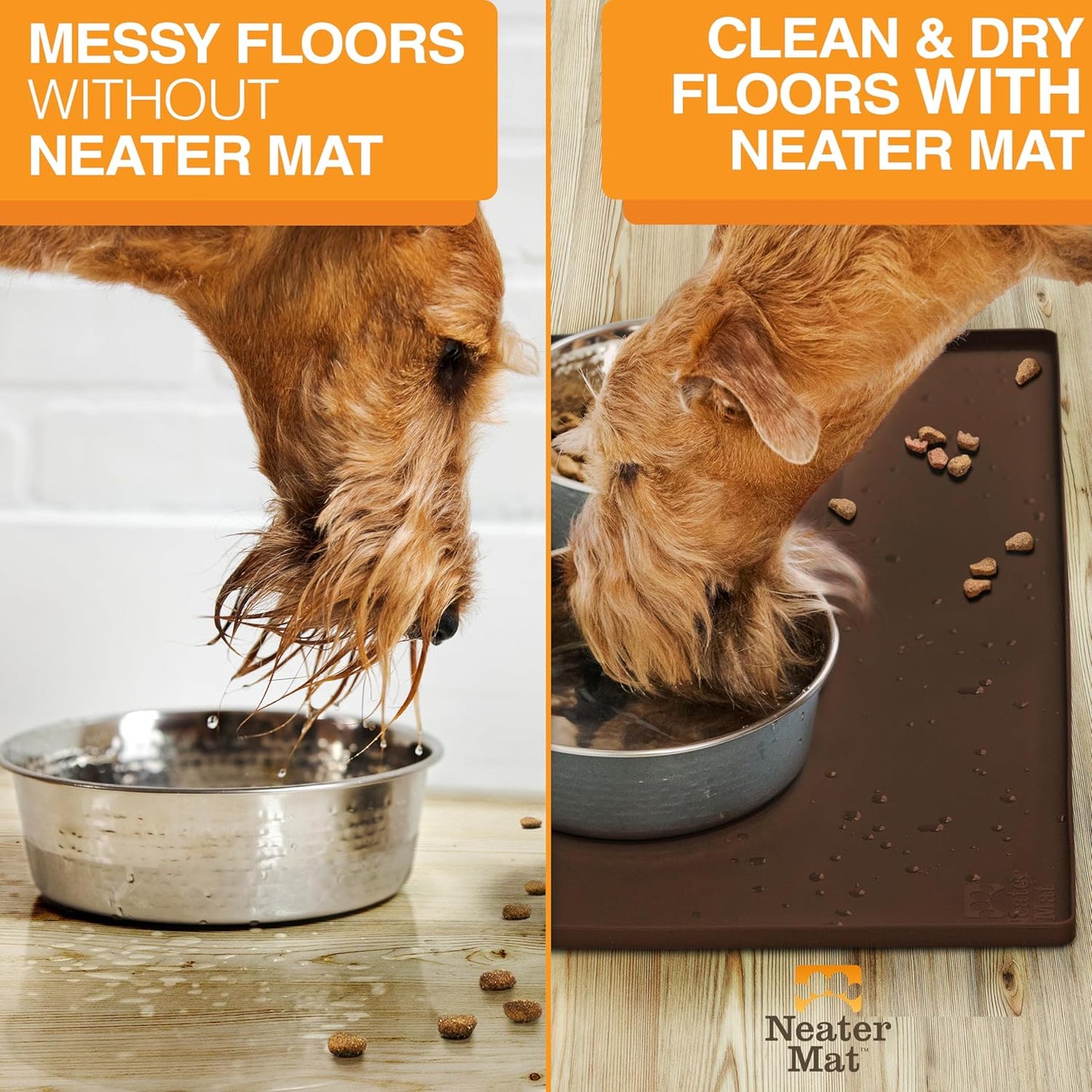 Neater Pet Brands Neater Mat Pet Mats for Food and Water, Cat & Dog Bowl Mat Waterproof Silicone, Feeding Tray, Dog Food Mats for Floors, Placemat w/Raised Edge for Under Bowls, 16” x 10”, Brown