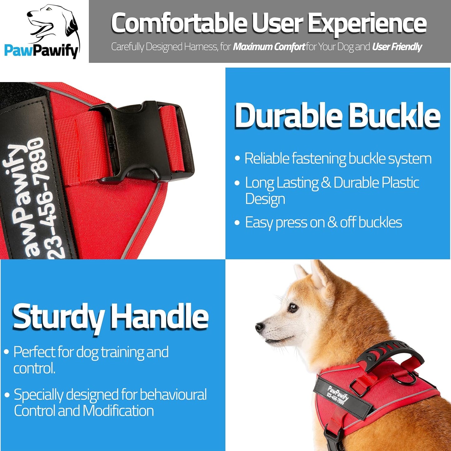 PawPawify Custom No Pull Dog Harness with Name and Phone Number, Heavy Duty Personalized Pet Vest to Prevent Tugging, Pulling, or Choking, Training and Walking (New Red, L (40-60 LBS))