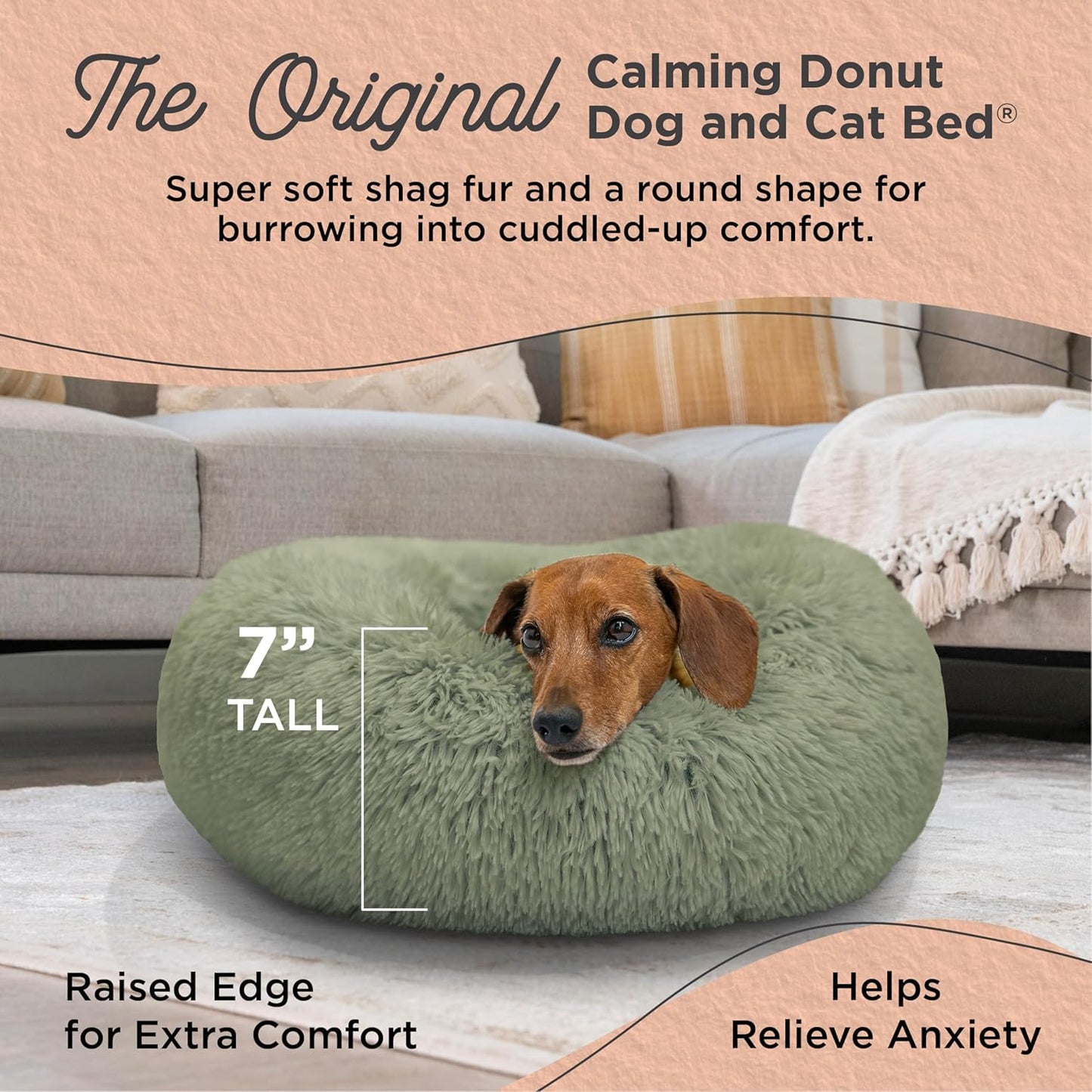 Best Friends by Sheri Original Calming Donut Dog and Cat Bed, Shag Faux Fur, Sage Green, (23in x 23in) - Anxiety Relief for Pets Up to 25 lbs