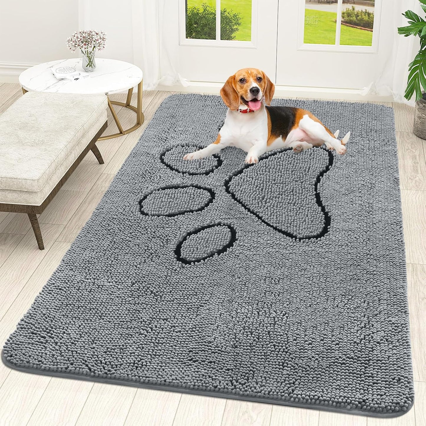 OLANLY Door Mat for Muddy Dog Paws 59x35, Ultra Absorbent Chenille Mud Doormat with Paw Print Design, Non-Slip Washable Doormat for Indoor Entryway, Quick-Dry Pet Bed Mats for Dirty Dogs, Grey