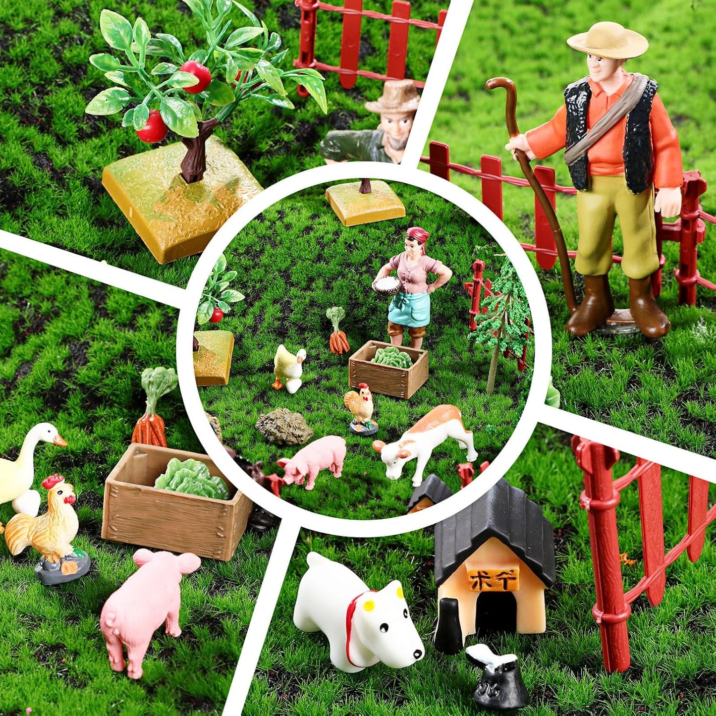 27 Pcs Farm Toys Set, 3 Little Farmer Figurines 9 Plastic Animals Figurines 10 Feed Food Fence Playset 4 Model Trees 1 Moss Mat Animal Farm Toys for Educational School Project Gift