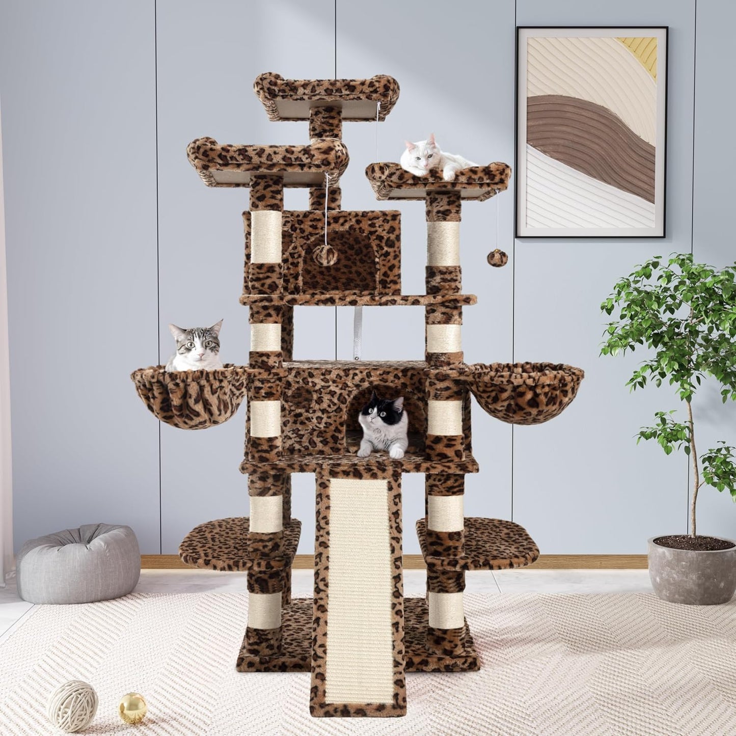 Allewie 68 Inches Cat Tree/House and Towers for Big Feline/Scratching Post/Multi-Level Large Kitty Climbing Tree with Condo/Leopard Print