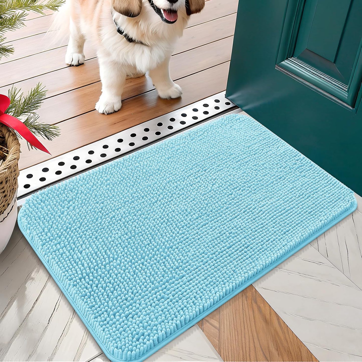 OLANLY Dog Door Mat for Muddy Paws 24x16, Absorbs Moisture and Dirt, Absorbent Non-Slip Washable Doormat, Quick Dry Chenille Mud Mat for Dogs, Entry Indoor Entryway Carpet for Inside Floor, Blue