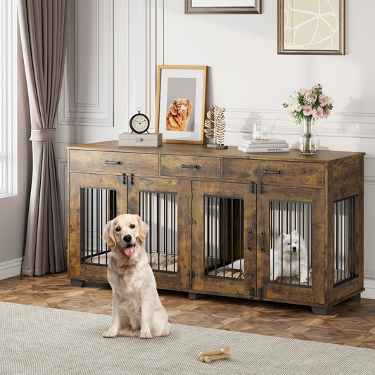 71'' Dog Crate Furniture, Wooden Indoor Dog Kennel for 2 Dogs with 3 Drawers and Removable Room Divider, XXL Double Dog Crate TV Stand End Table with Double Doors for Large Medium Dogs, Rustic Brown