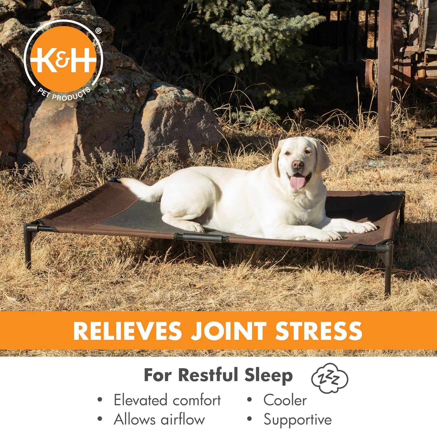 K&H Pet Products Outdoor Elevated Dog Cot, Breathable Cooling Elevated Cot Hammock Pet Bed for XL Dogs, Washable Mesh Cover, Raised Metal Frame, Collapsible, Portable - Jumbo 56 X 38in Chocolate