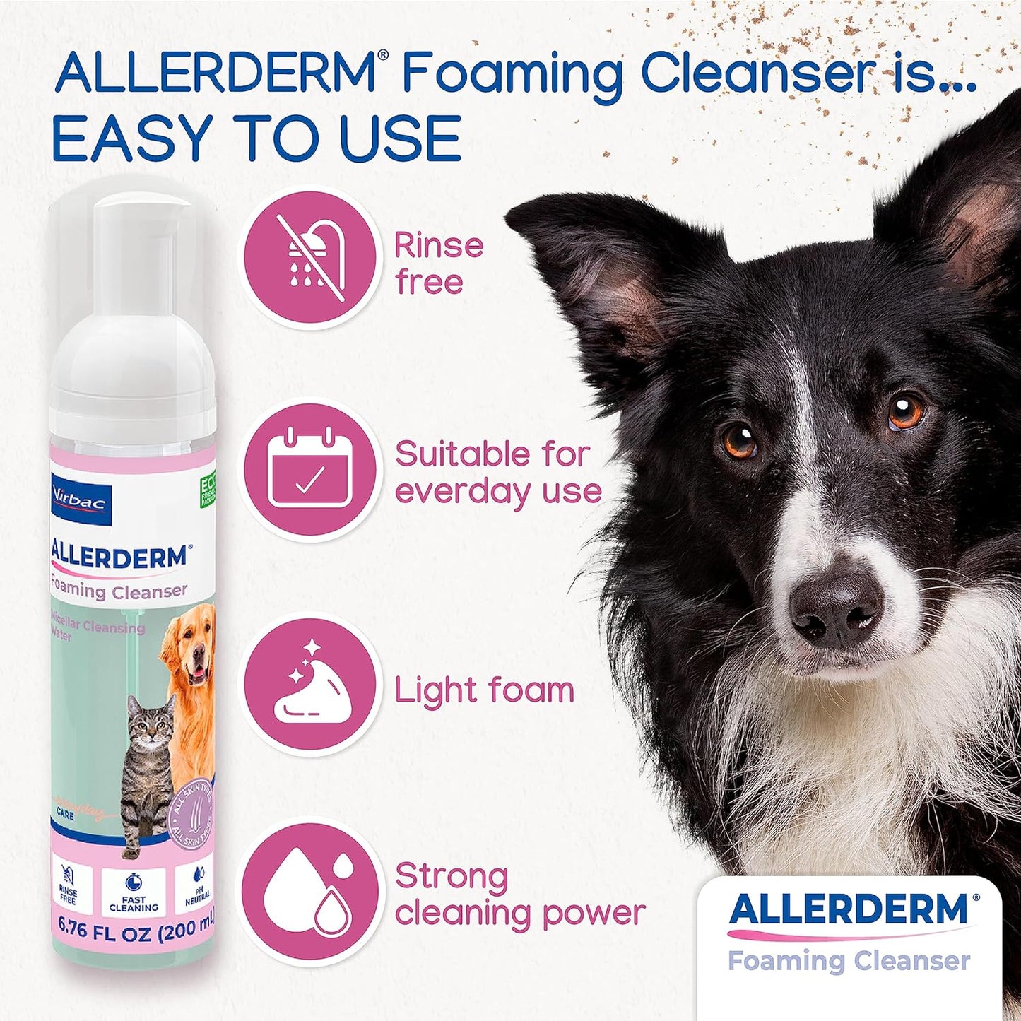 ALLERDERM Foaming Cleanser- Rinse-Free Waterless Micellar Foam for Dogs and Cats with Sensitive Skin by Virbac