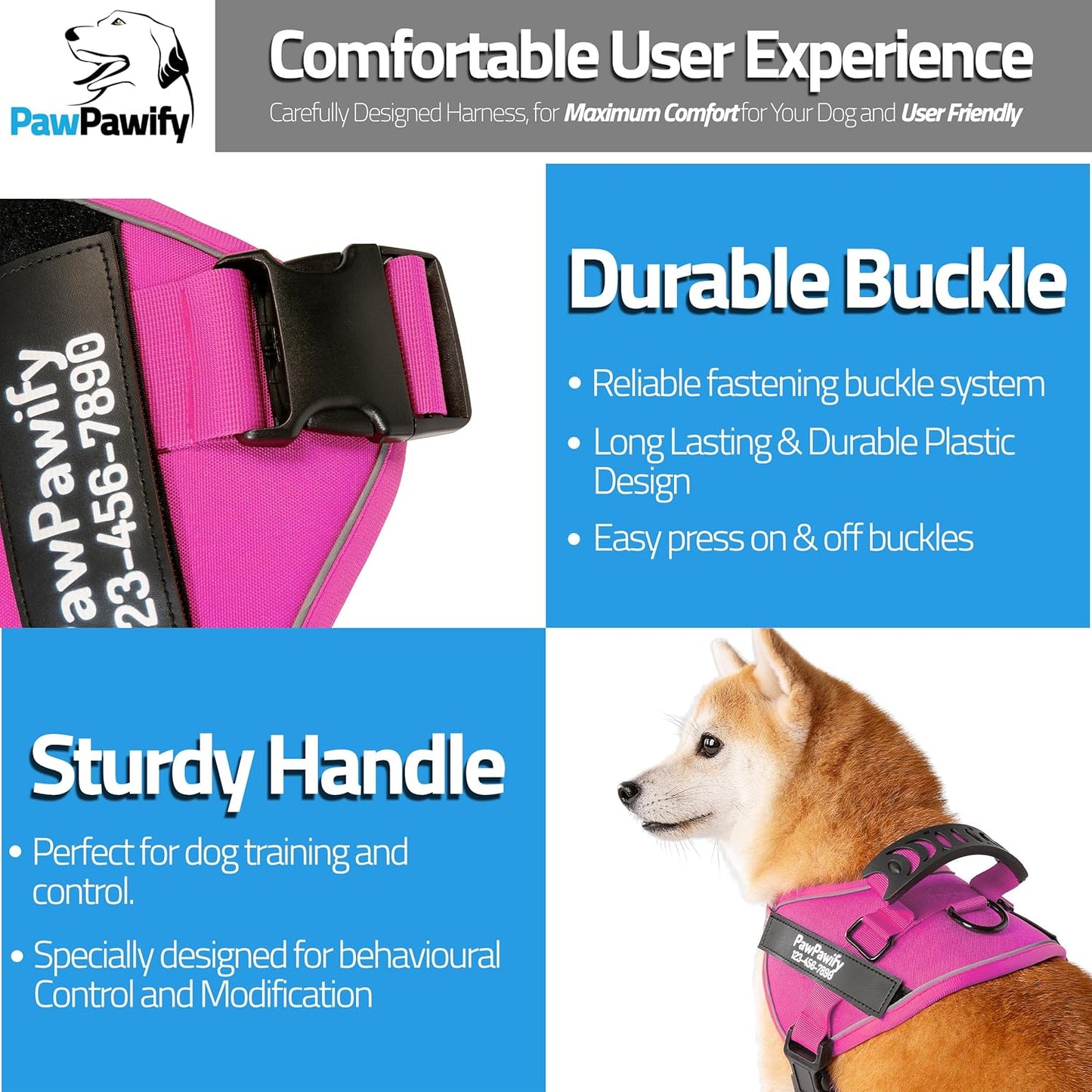 PawPawify Custom No Pull Dog Harness with Name and Phone Number, Heavy Duty Personalized Pet Vest to Prevent Tugging, Pulling, or Choking, Training and Walking (New Pink, S (10-19LBS))