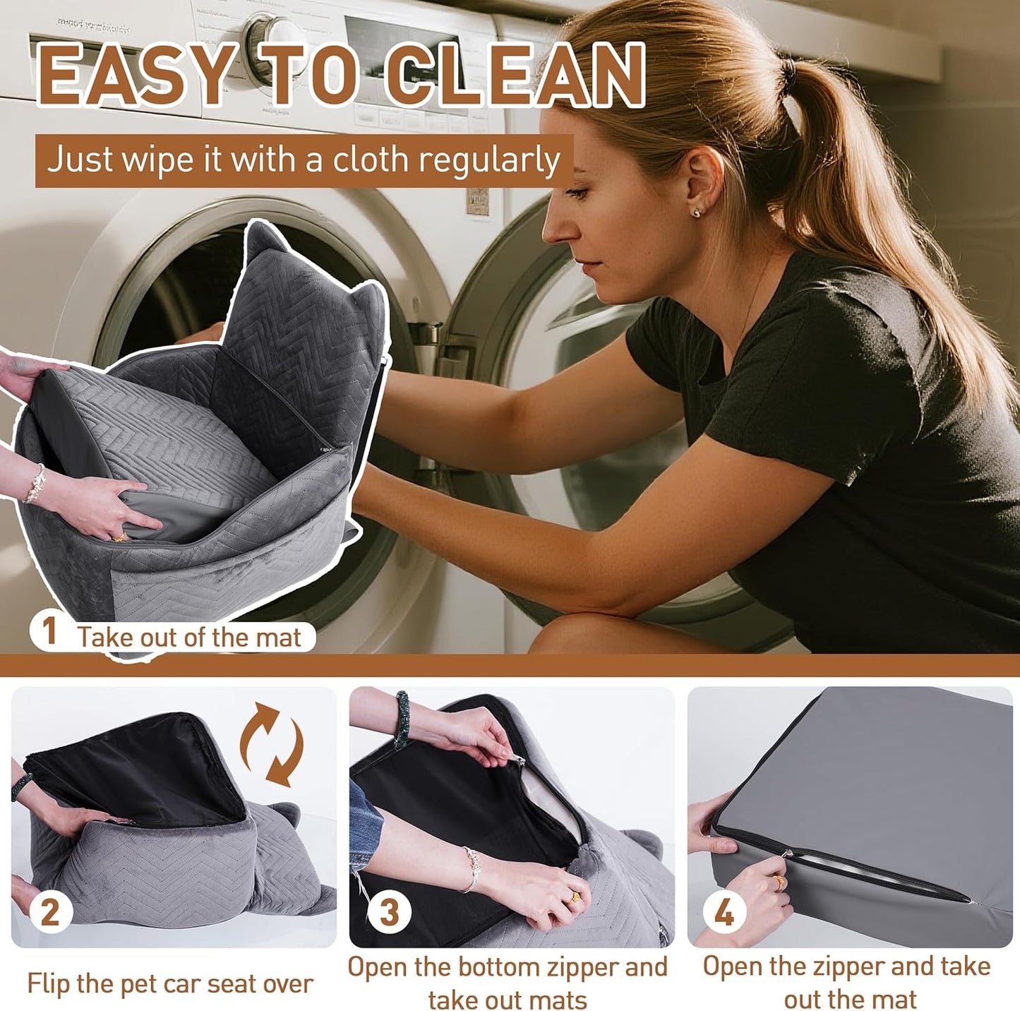 Dog Car Seat Booster with Waterproof Cover, Memory Foam, Small/Medium Dog Bed for Car Back Seat for Travel, Grey, 2 Safety Belt