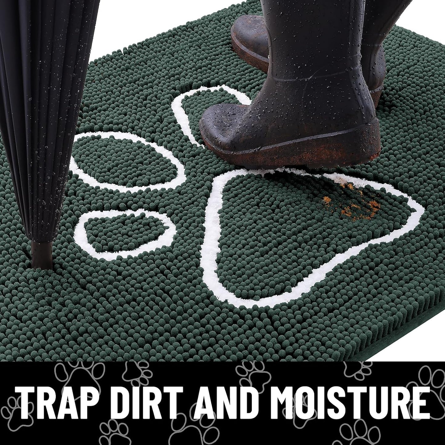 Smiry Dog Door Mat for Muddy Paws, Absorbent Dirt Trapper Non Slip Quick Dry Washable Chenille Mat for Mud Dogs, Entry Rug for Indoor and Outdoor (47x32 Inches, Green)
