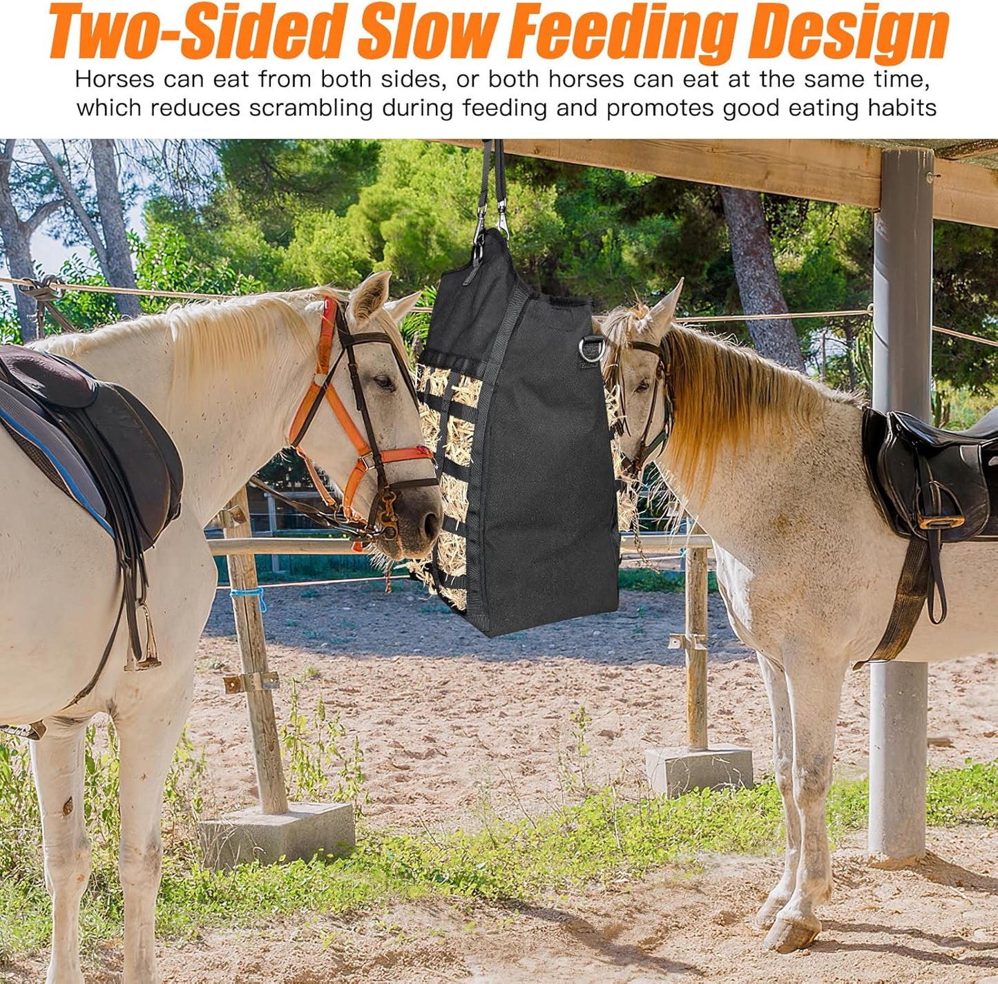 Hay Bags for Horses,Two-Sided Premium Oxford Slow Feed Hay Bags for Goats,Sheep,Donkey,Large Top Opening with Hook-and-Loop Seals,Easy to Hang with Adjustable Strap (Black, Large 2 Packs)