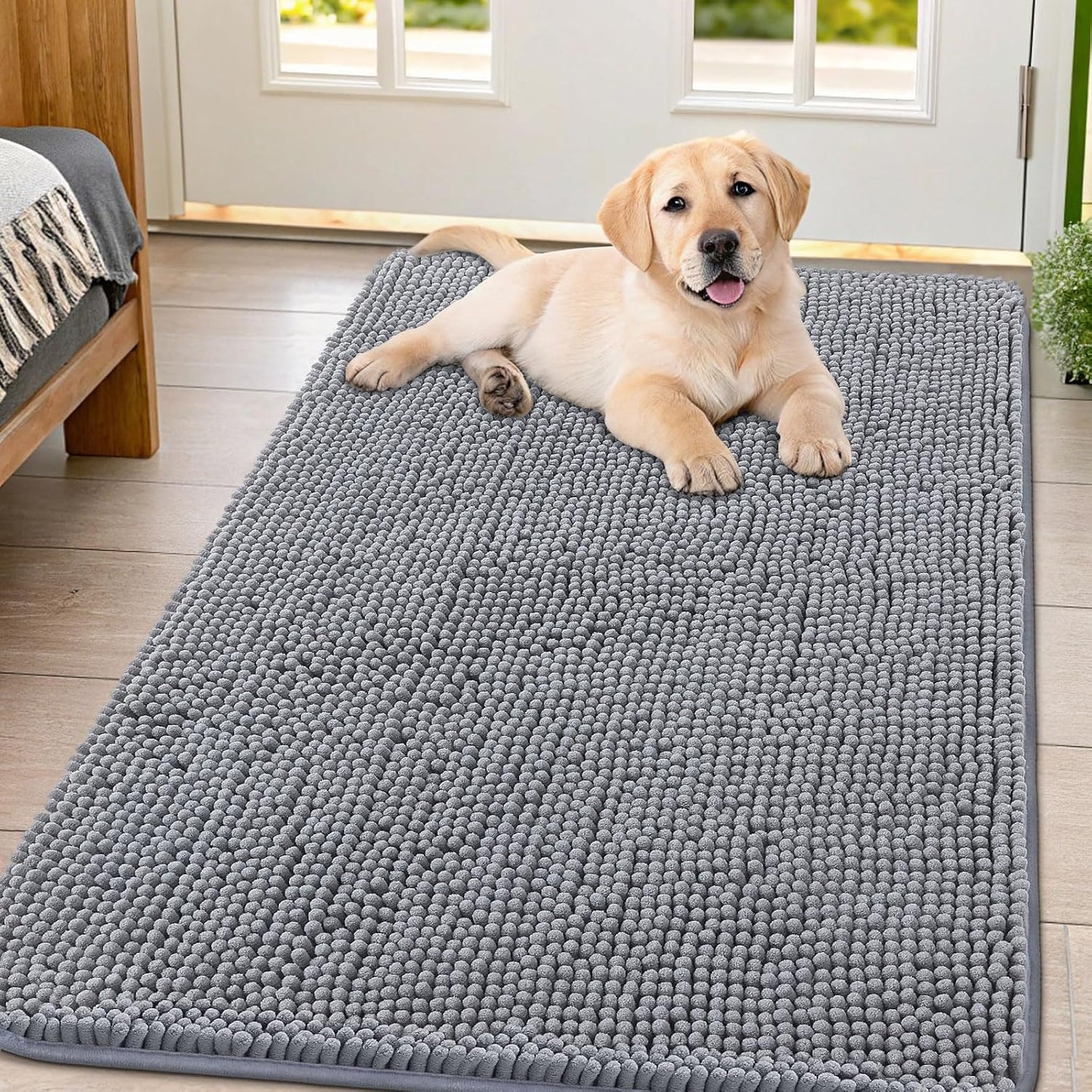 Smiry Dog Door Mat for Muddy Paws 47x32, Absorbs Moisture and Dirt Doormat, Non-Slip Washable Quick Dry Chenille Front Door Mat Indoor Entrance, Entryway Carpet for Inside Floor, Grey