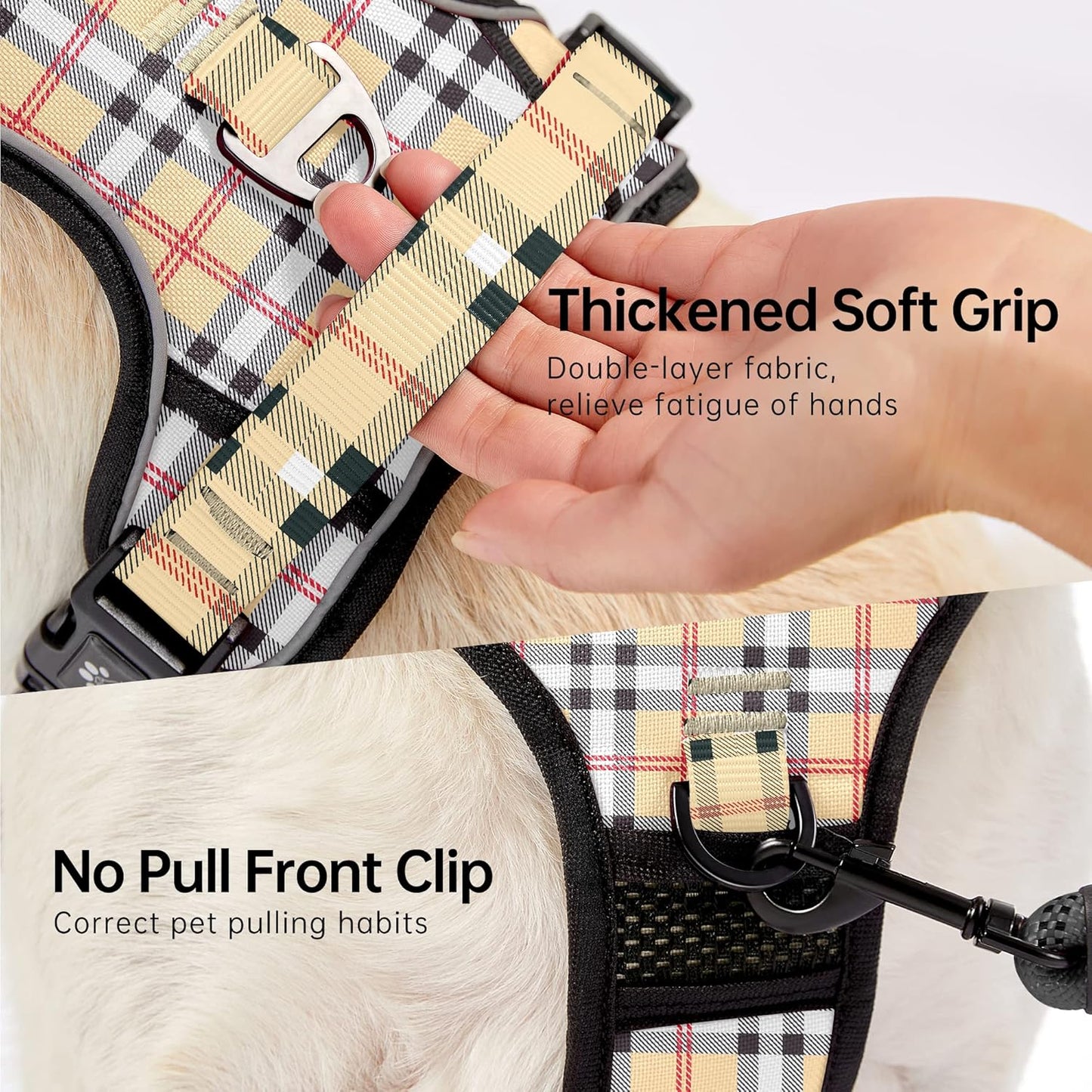 NESTROAD No Pull Dog Harness with Leash, Reflective No Choke Pet Vest Harness,Adjustable Soft Padded Dog Harness with Easy Control Handle for Medium Dogs(Checkered Beige,Medium)