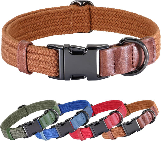 PET ARTIST Soft Cotton Dog Collars for Small Dogs in Rustic Brown, Simple Dog Collar with Quick Release Metal Buckle & D Ring, S Size (10-16")