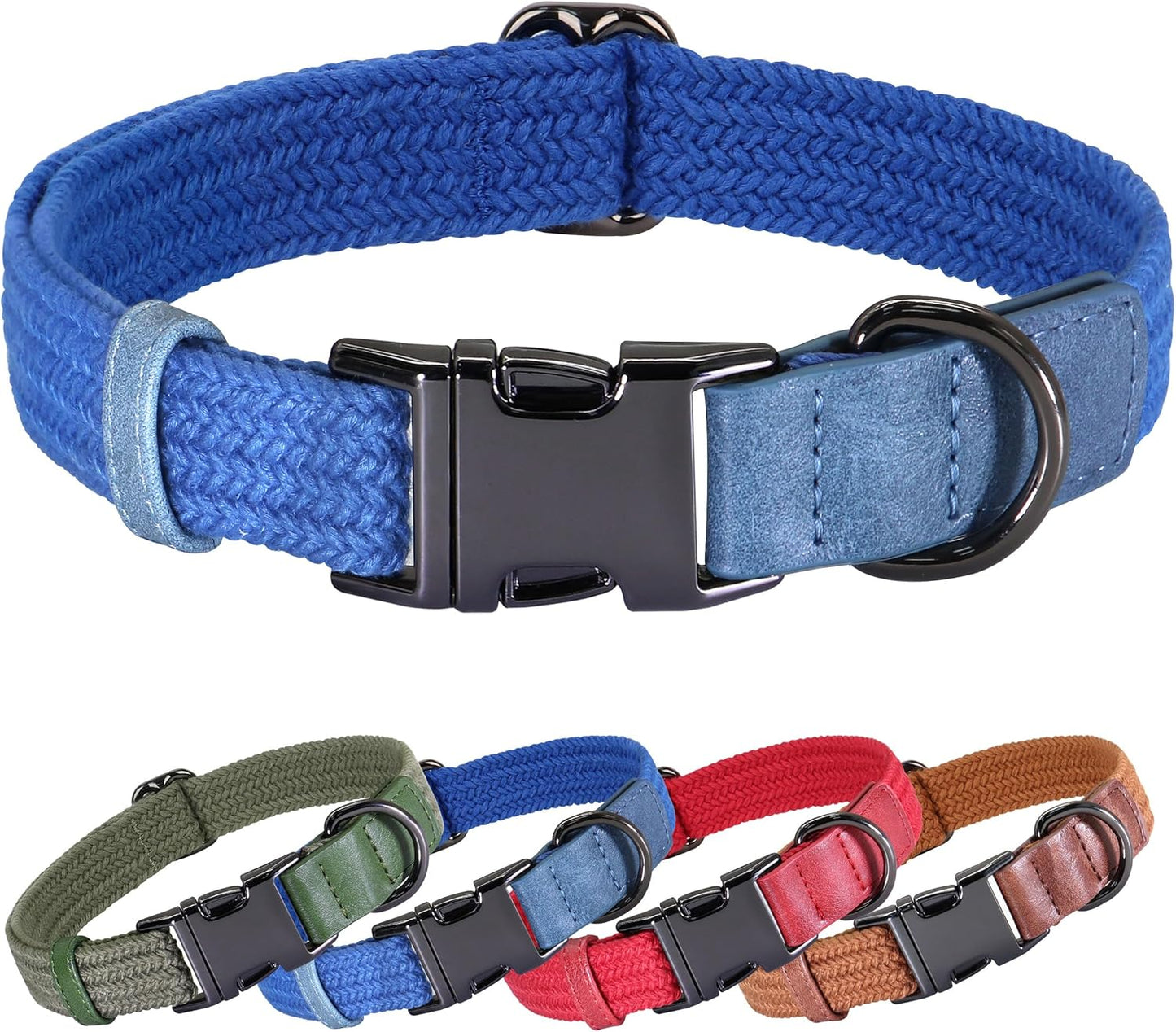 PET ARTIST Soft Cotton Dog Collar for Small Dogs in Tranquil Blue, Simple Dog Collar with Quick Release Metal Buckle & D Ring, S Size (10-16")