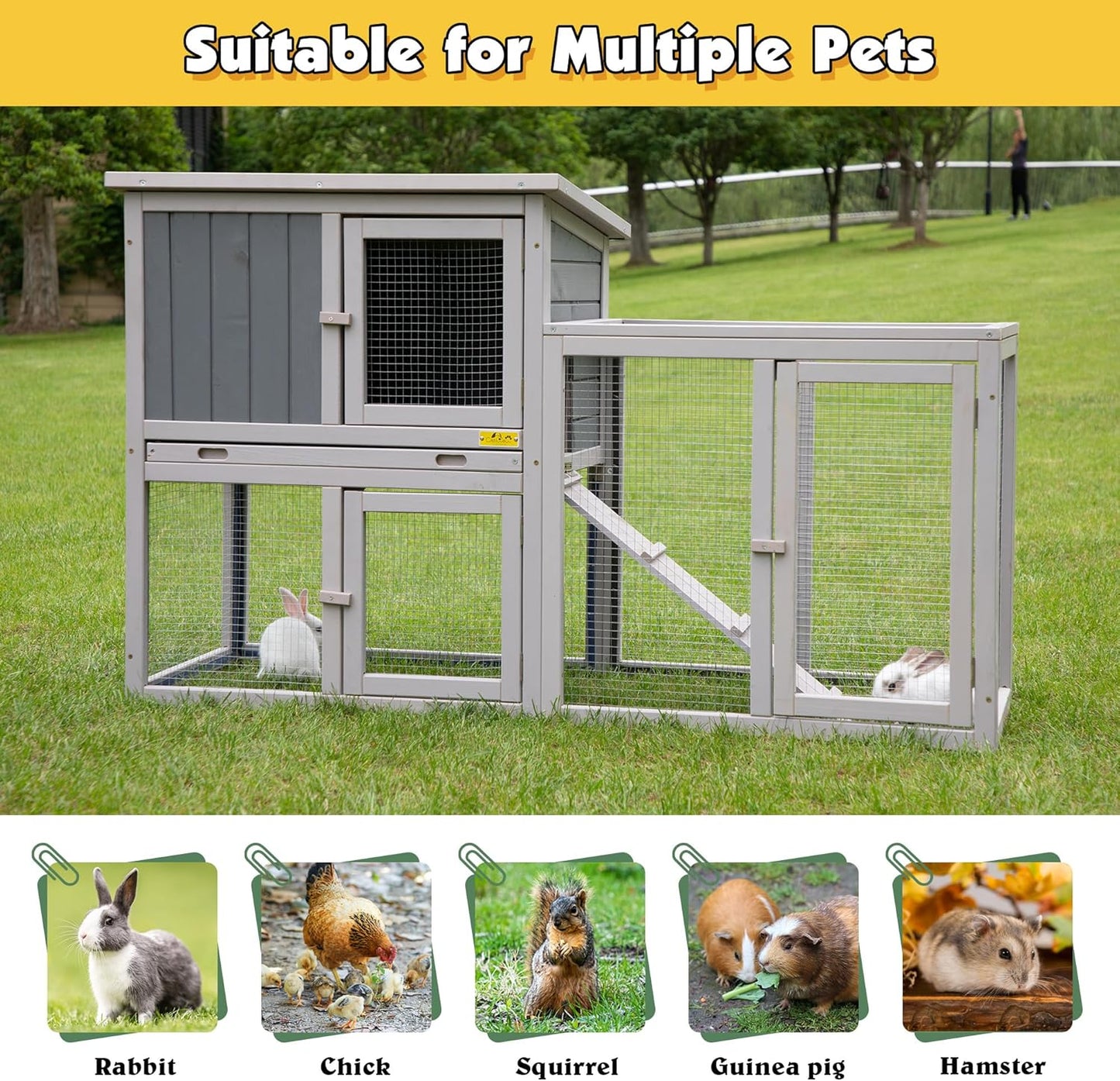 Assembled Wooden Indoor & Outdoor Rabbit Hutch, 2 Story Small Animal House Habitat, Durable Pet Bunny House Cage with Cleaning Tray, for Bunny Chick Duck Hamster (Grey)