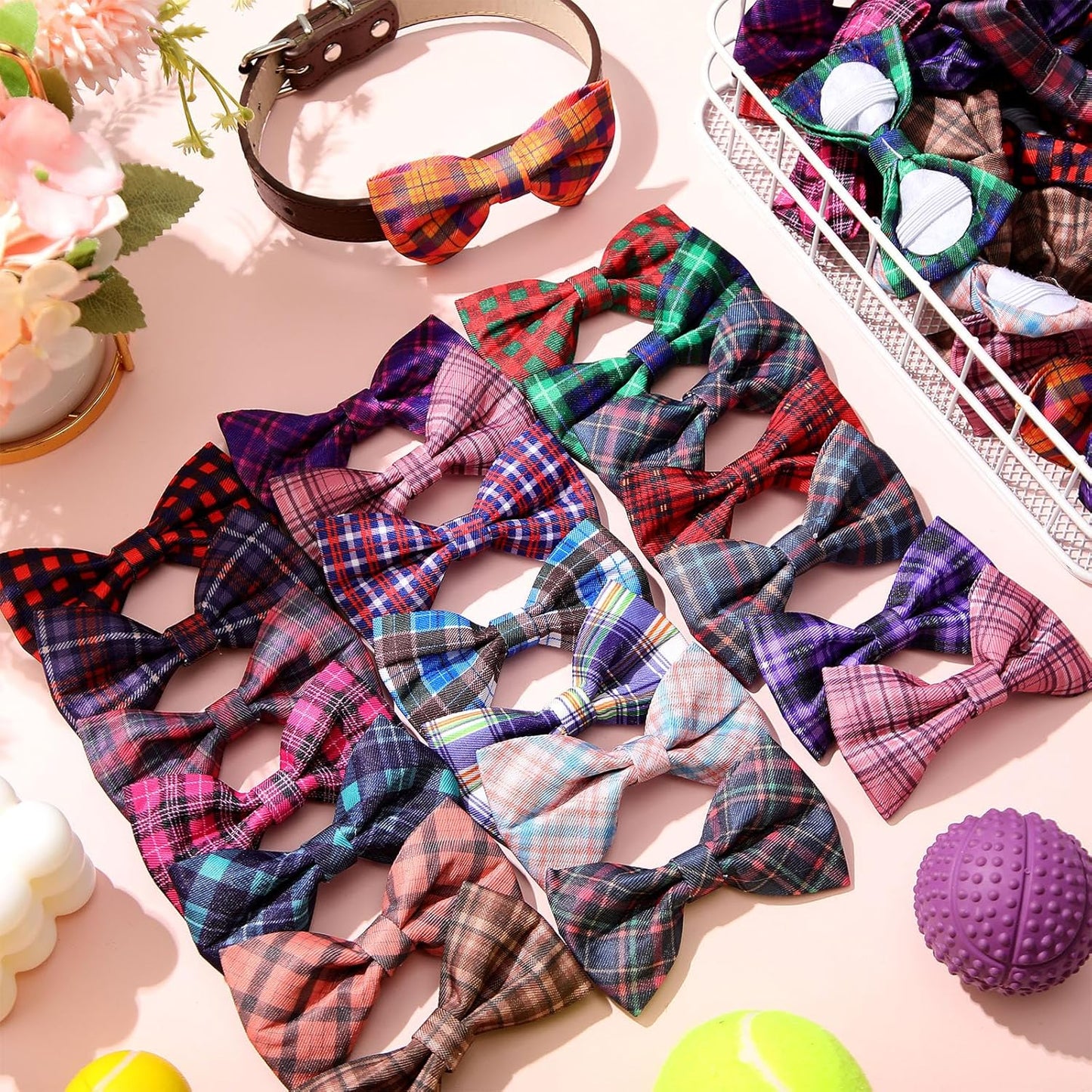 Reginary 50 Pieces Dog Bow Ties Pet Collar Bow Puppy Collar Attachment with Rubber Bands for Small Medium Cat Pet Grooming Charms Accessories Wedding Birthday Occasion(Plaid Style)