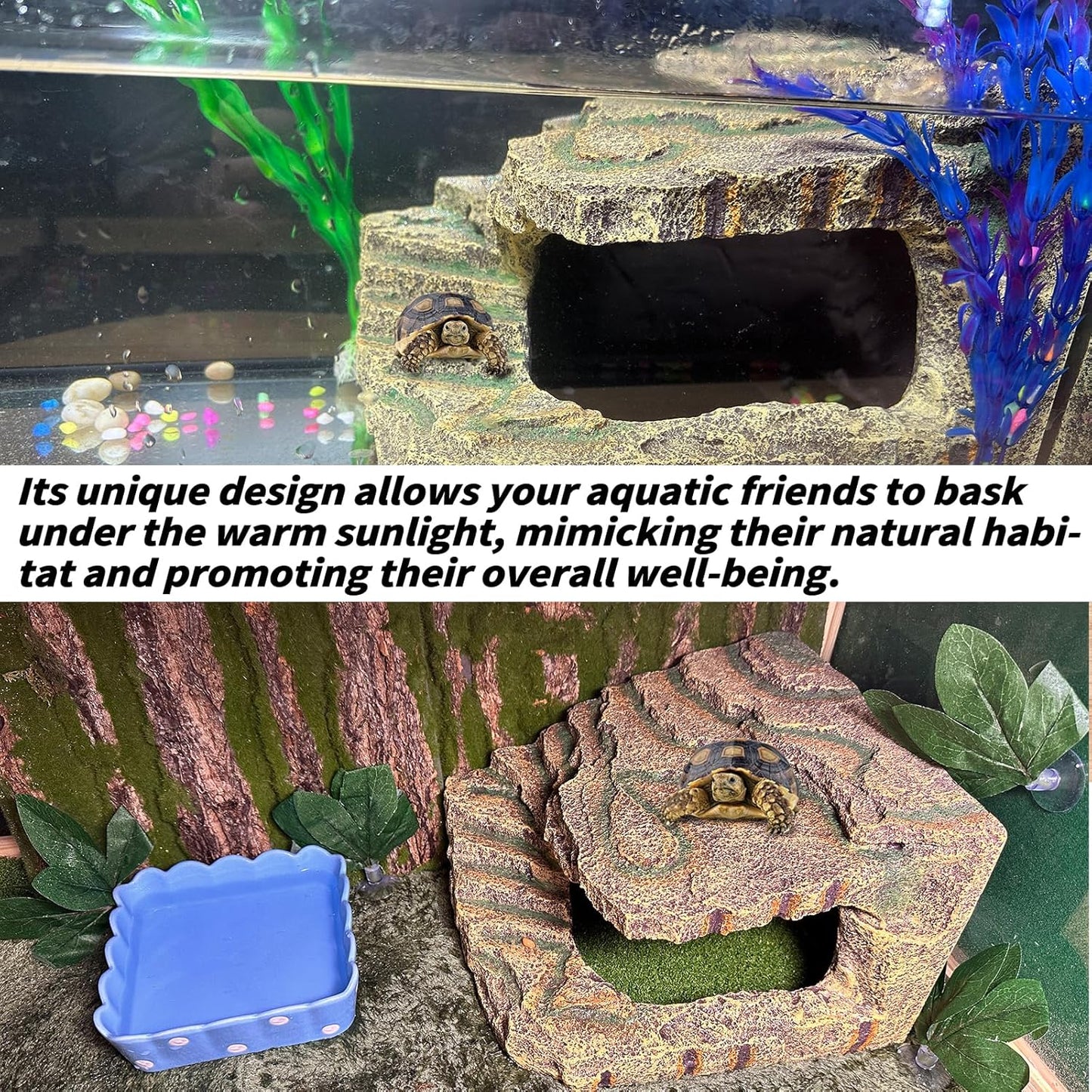 kathson Turtles Basking Platform,Large Tortoise Resting Terrace Climbing Ramp,Reptile Hiding Cave Hideouts,Resin Dock Tank Decorations for Aquatic Turtles Newts Salamanders Lizard Frogs