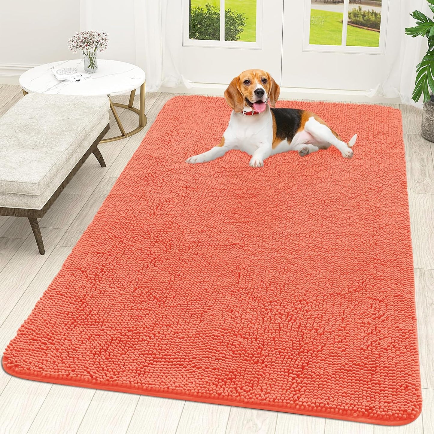 OLANLY Dog Door Mat for Muddy Paws 59x35, Absorbs Moisture and Dirt, Absorbent Non-Slip Washable Doormat, Quick Dry Chenille Mud Mat for Dogs, Entry Indoor Entryway Carpet for Inside Floor, Coral