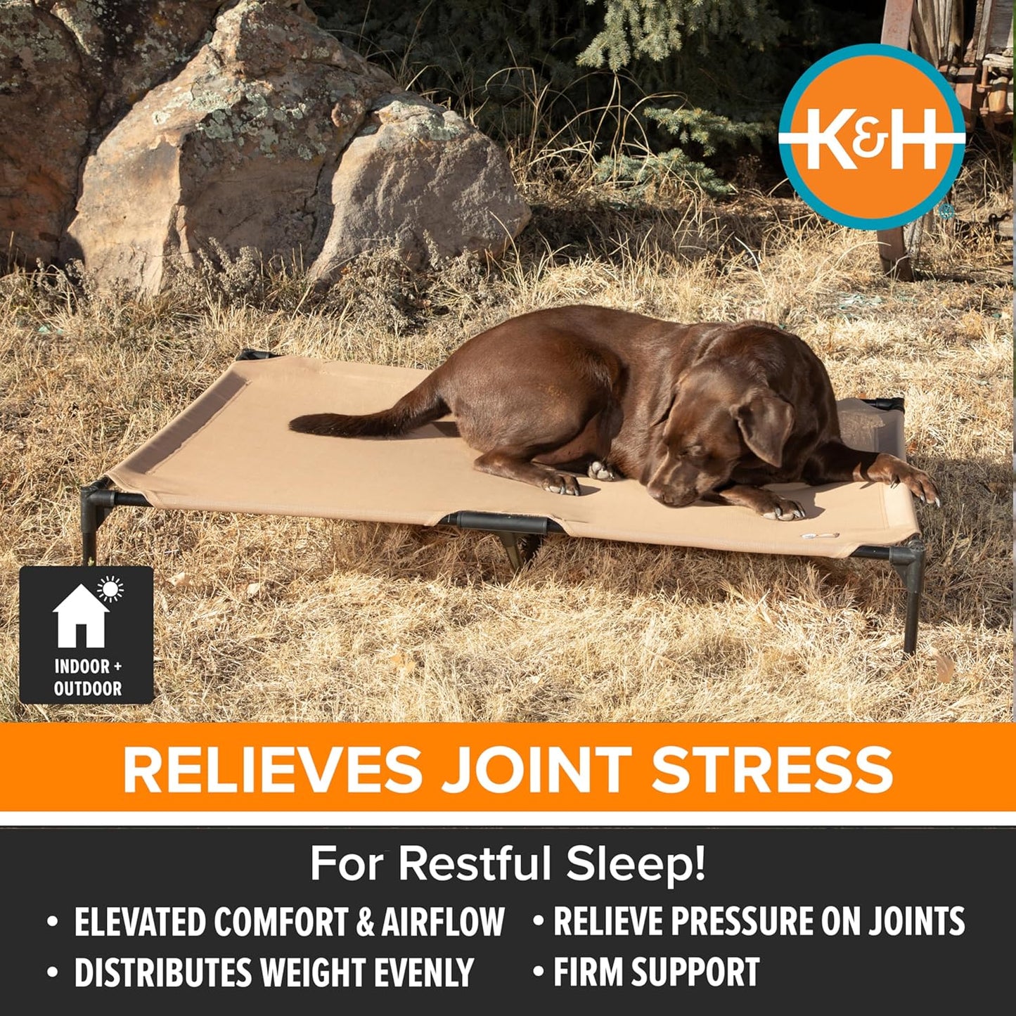 K&H Pet Products Outdoor Elevated Dog Cot, Cooling Raised Bed with Waterproof Breathable Mesh for Large Dogs, Portable Place Bed with Heavy-Duty Metal Frame, Oversized Hammock Style - Jumbo Tan