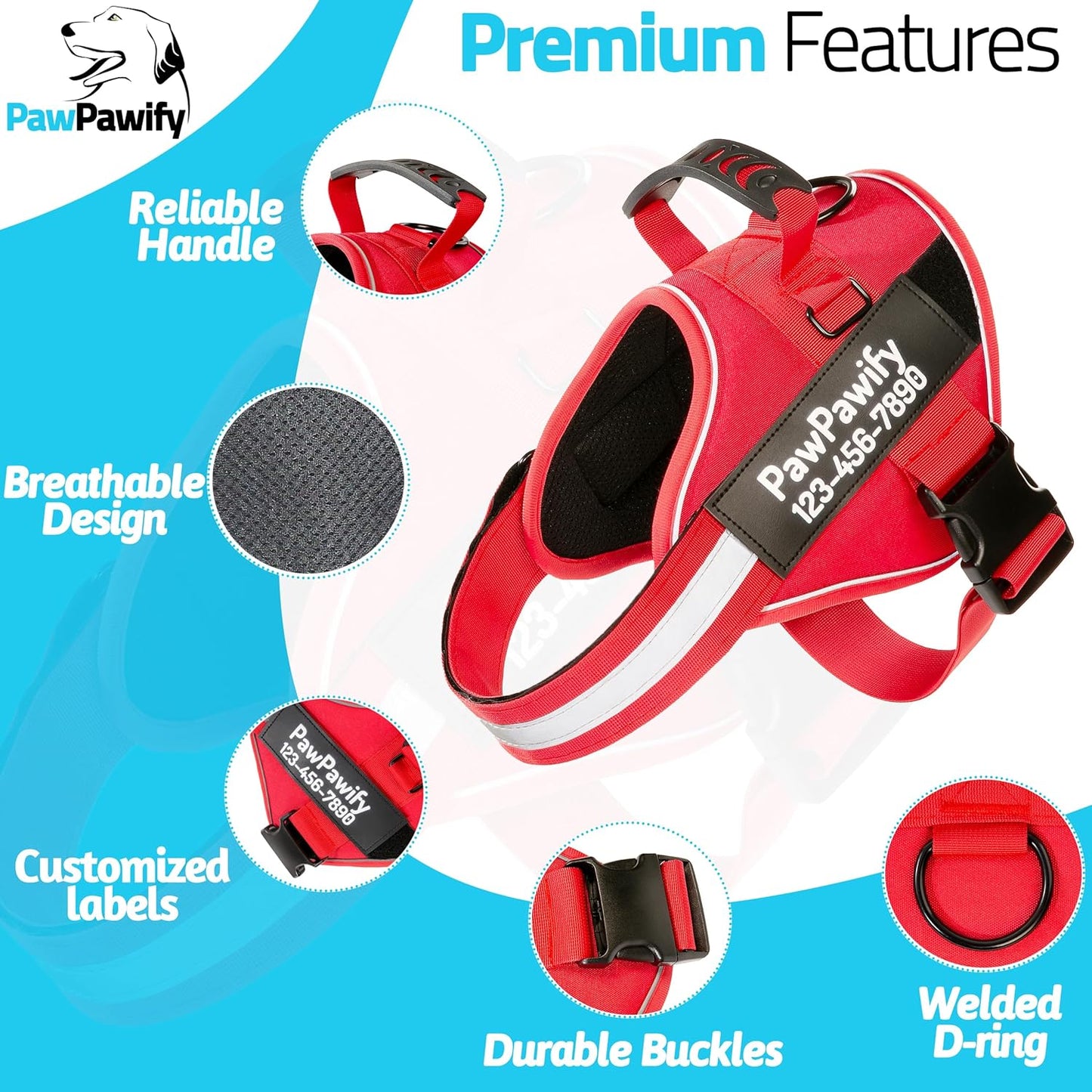 PawPawify Custom No Pull Dog Harness with Name and Phone Number, Heavy Duty Personalized Pet Vest to Prevent Tugging, Pulling, or Choking, Training and Walking (New Red, L (40-60 LBS))