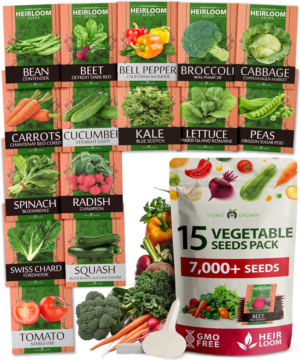 HOME GROWN 𝗨𝗦𝗔 𝗣𝗥𝗘𝗠𝗜𝗨𝗠 15 Heirloom Vegetable Seeds 7,000+ 𝗡𝗢𝗡-𝗚𝗠𝗢 Seeds for Planting, Survival Garden Pack for Preppers, Emergency Bugout Gear, Indoor Outdoor Vegetable Gardening Kit