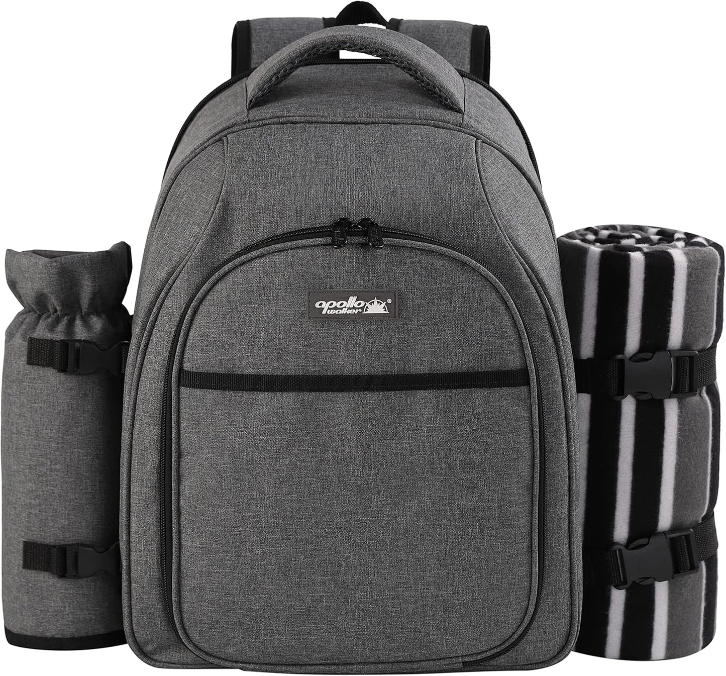 apollo walker Picnic Backpack Bag for 2 Person with Cooler Compartment, Detachable Bottle/Wine Holder, Fleece Blanket, Plates and Cutlery Set (2Person,Grey)