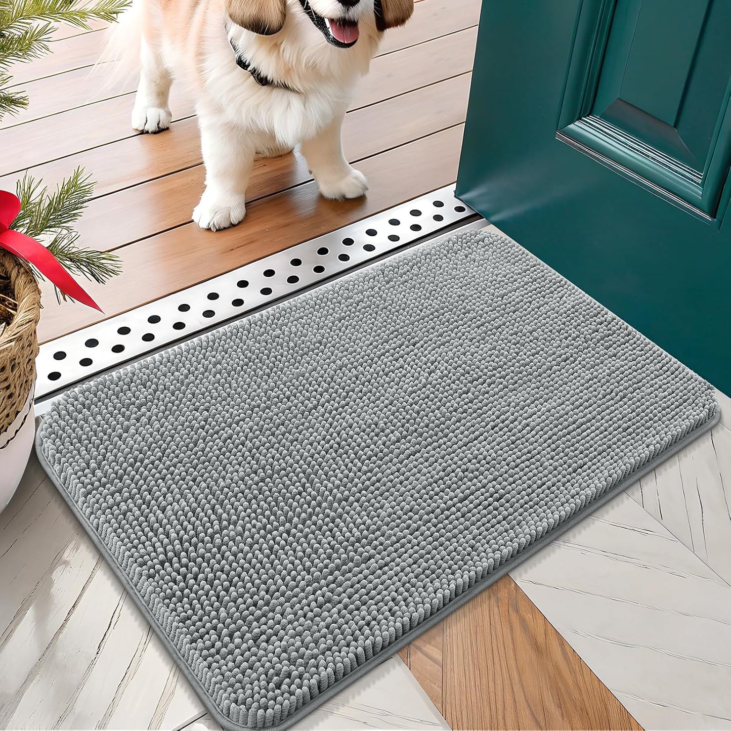 OLANLY Dog Door Mat for Muddy Paws 30x17, Absorbs Moisture and Dirt, Absorbent Non-Slip Washable Doormat, Quick Dry Chenille Mud Mat for Dogs, Entry Indoor Entryway Carpet for Inside Floor, Grey