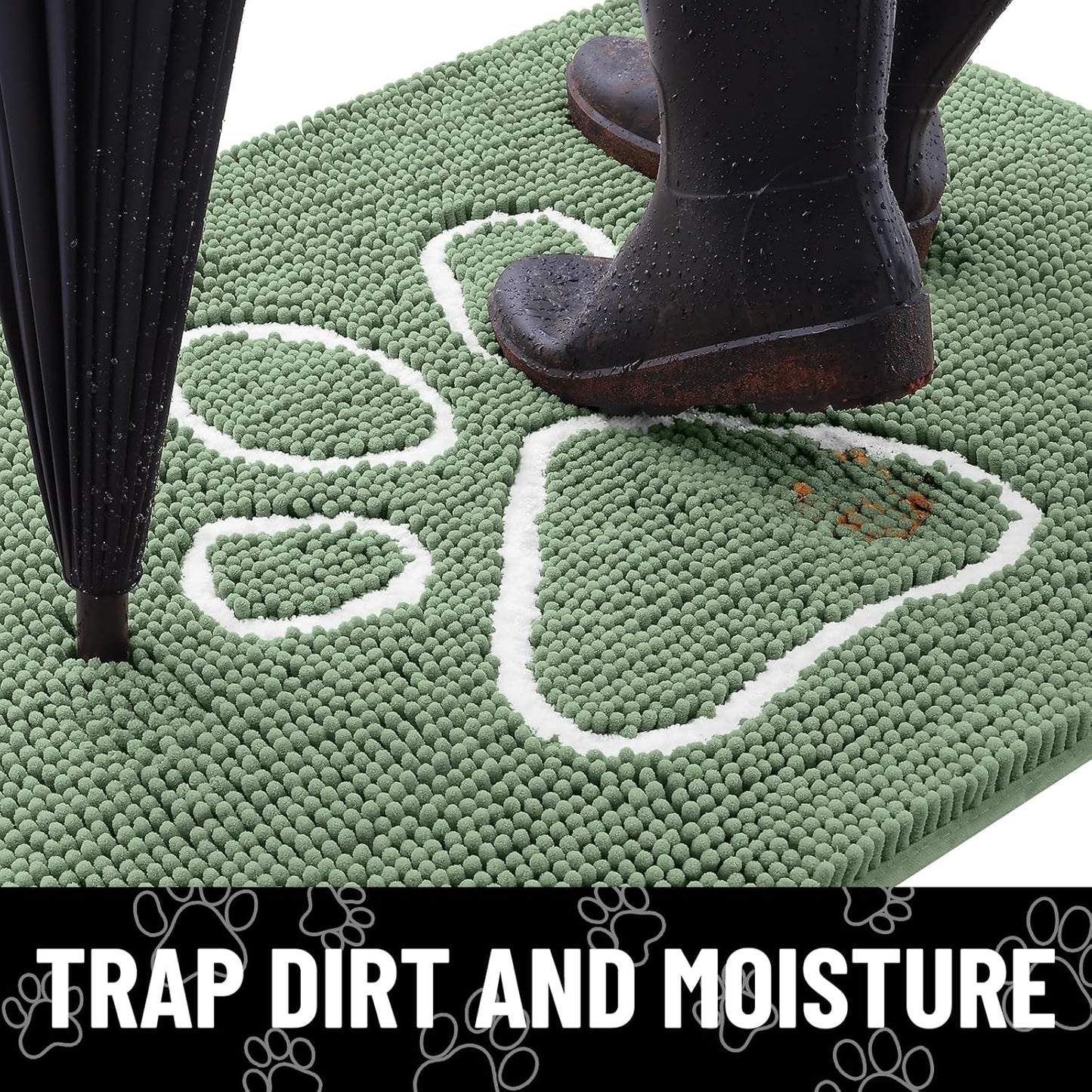 Smiry Dog Door Mat for Muddy Paws, Absorbent Dirt Trapper Non Slip Quick Dry Washable Chenille Mat for Mud Dogs, Entry Rug for Indoor and Outdoor (30x20 Inches, Olive Green and White)