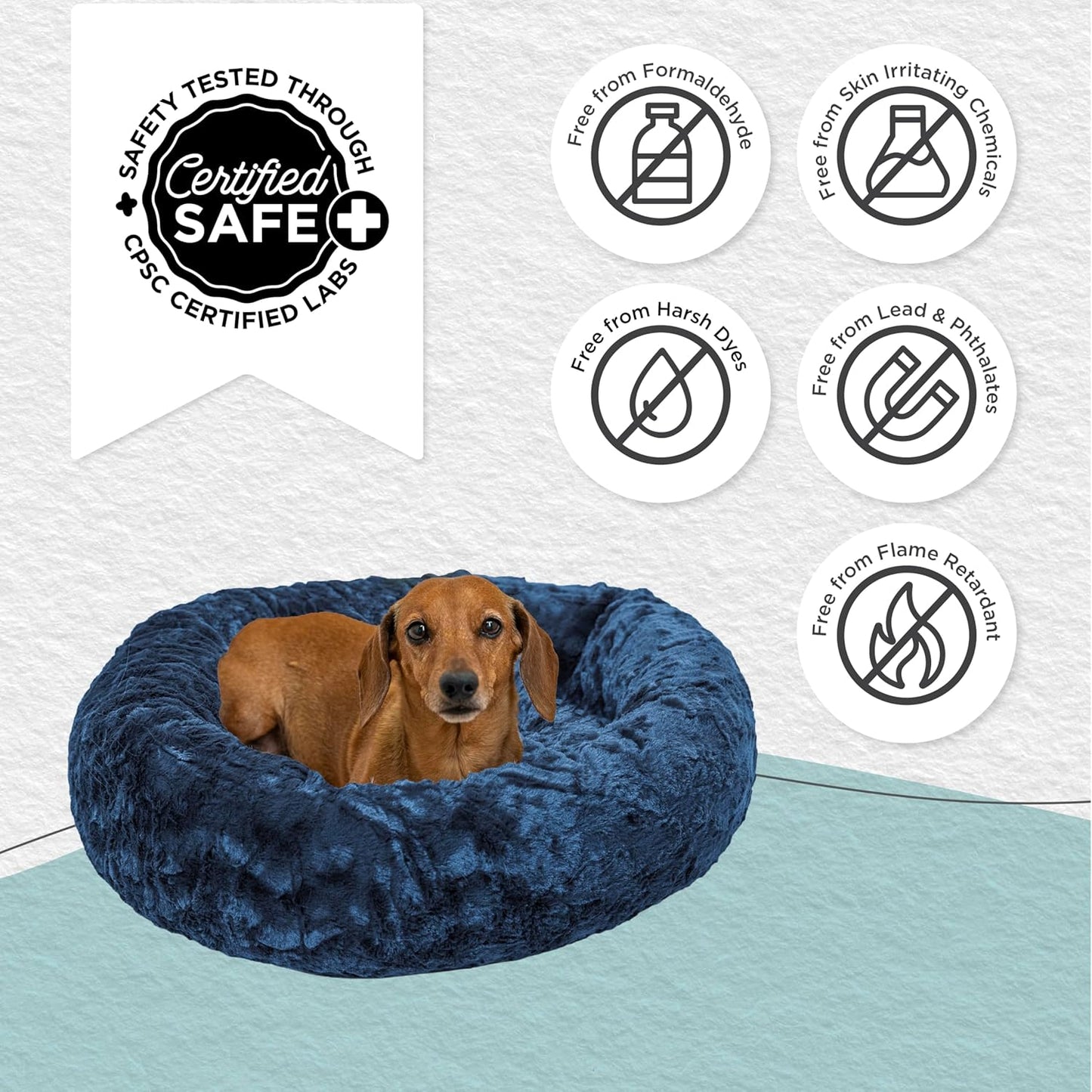 Best Friends by Sheri Original Calming Donut Dog and Cat Bed, Lux Faux Fur, Navy Blue, (23in x 23in) - Anxiety Relief for Pets Up to 25 lbs