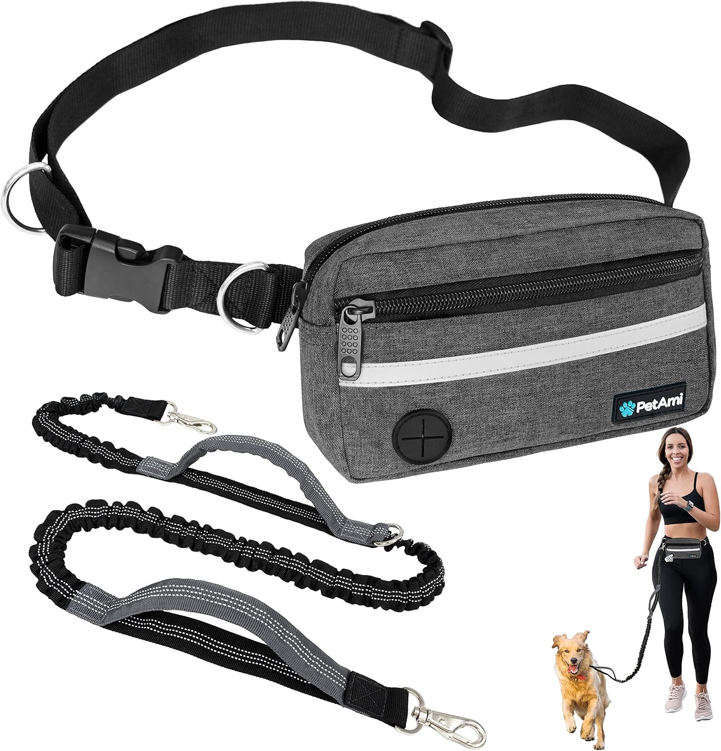 PetAmi Hands Free Dog Leash, Dog Running Leash Belt for Walking, Jogging, Dog Waist Zipper Pouch with Poop Bag Dispenser, Dual Padded Handles, Reflective Durable Bungee Leash, Single, Charcoal Grey