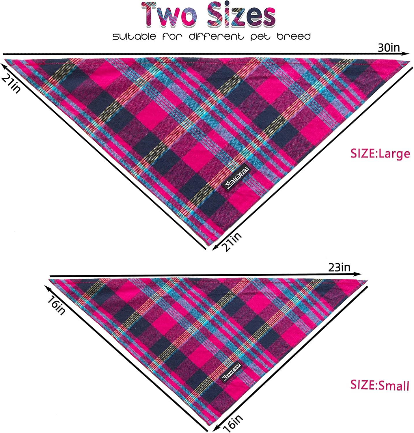 Adjustable Plaid Dog Bandanas,1PC Soft Washable Cotton Triangle Bib Kerchief Scarfs for Small Medium Large Dogs and Cats (Fuchsia&Blue, Large)